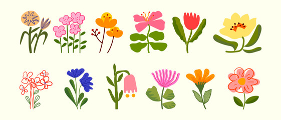 Pastel colors flowers leaves plants icon element illustration. Spring, summer flat botanical theme.