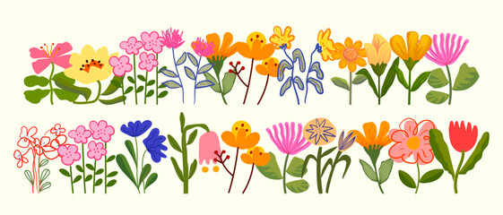 Naklejka premium Pastel colors flowers leaves plants icon element illustration. Spring, summer flat botanical theme.