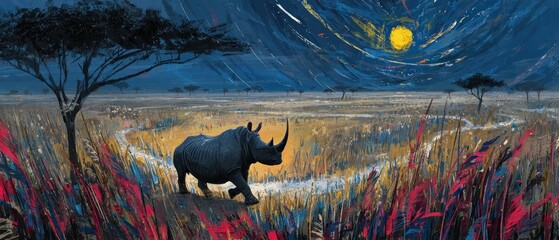 Rhinoceros in a vibrant savanna landscape at night