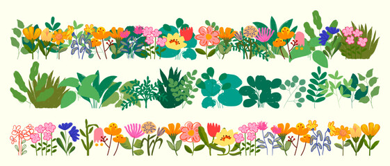Pastel colors flowers leaves plants icon element illustration. Spring, summer flat botanical theme.