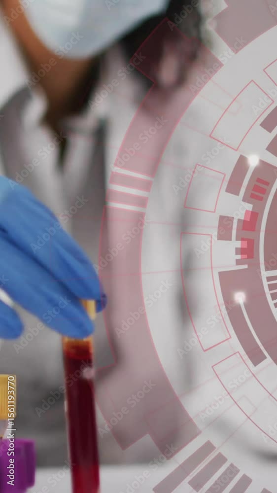 Poster scientist handling test tubes with futuristic data processing animation over laboratory scene
