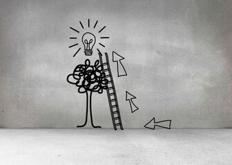 Line art is showing scribble tree with ladder, arrows and light bulb on grey concrete wall
