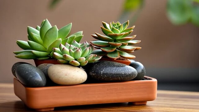 Close-up shot of succulents arrangement with rocks in a terracotta pot. Focused on vibrant green succulent plants. Soft background with natural light