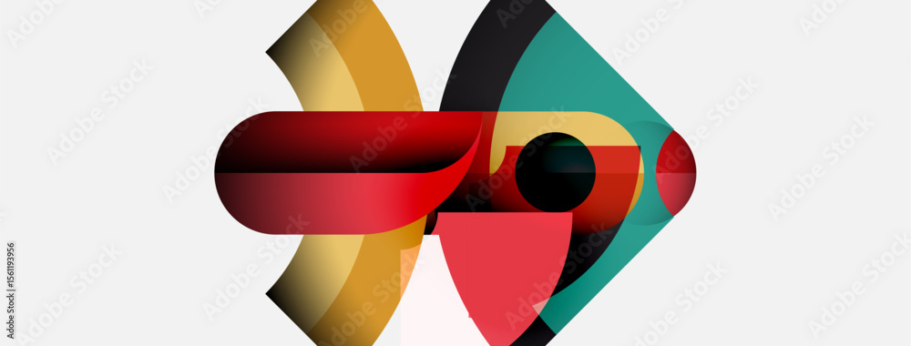 Poster abstract geometric shapes overlap, creating dynamic composition. red, teal, gold hues dominate white