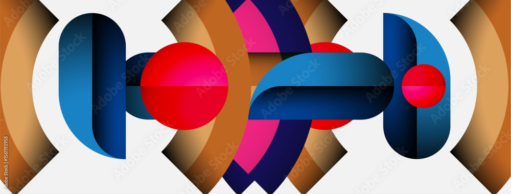 Poster Abstract geometric shapes, vibrant colors, overlapping forms create dynamic composition. Modern design, clean lines, visual harmony.