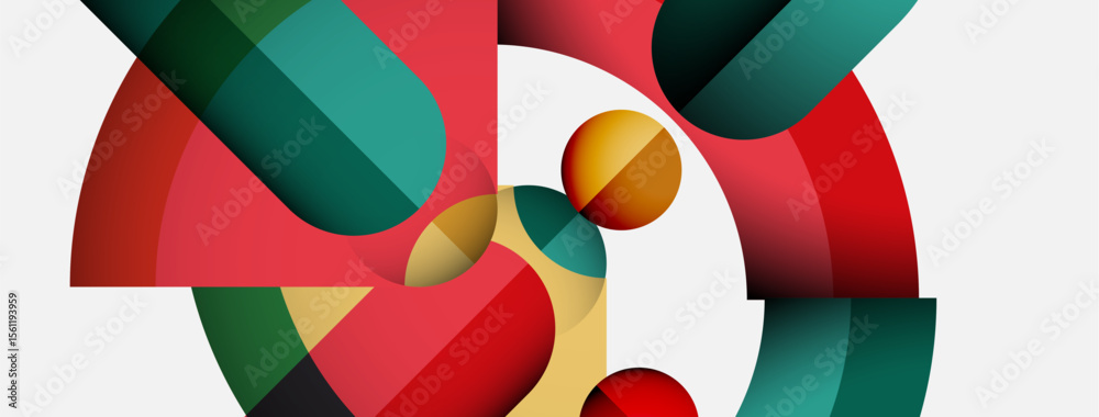 Poster abstract composition featuring overlapping curved shapes. red, green, gold tones dominate white back