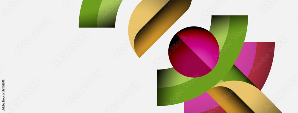 Poster Abstract design features colorful ribbons, sphere. Shapes overlap creating dynamic composition. Minimalist style, clean background.