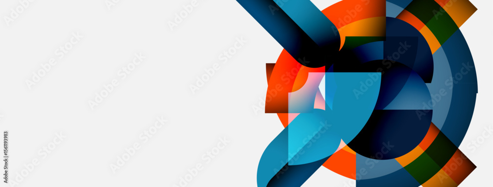 Poster Abstract geometric shapes overlap, creating vibrant color patterns. Blue, orange, green hues dominate composition. Modern design element.