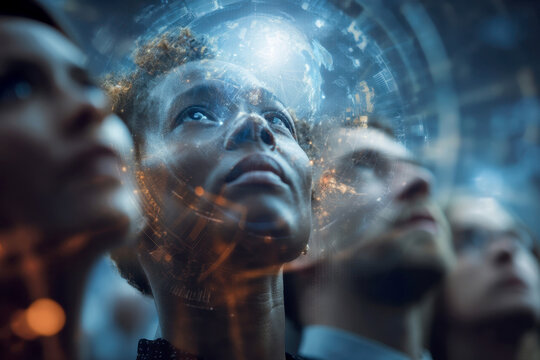 diverse individuals from different continents looking up at a vast, ethereal holographic projection displaying complex data streams and interconnected global symbols.