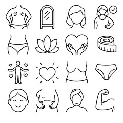Body Positivity Icons: A collection of line icons representing self-love, body acceptance, and self-care.