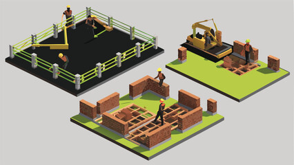 Isometric view of construction sites showing workers, brick walls, excavation, and playground equipment