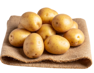 Group of Raw Potatoes on Burlap Sack, Isolated on Transparent Background
