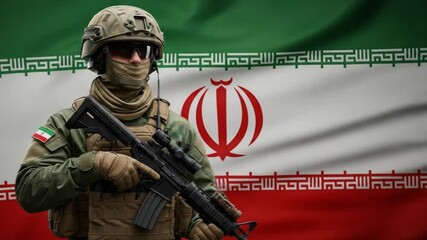 Military soldier in full combat gear with iranian flag background armed and ready for action - Powered by Adobe