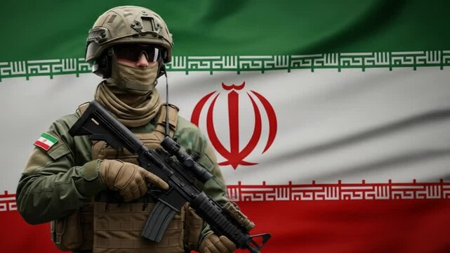 Military soldier in full combat gear with iranian flag background armed and ready for action