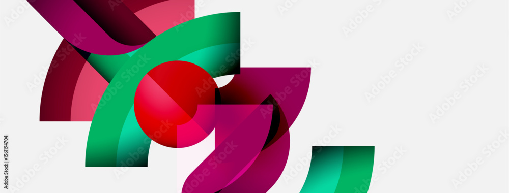 Poster Abstract design features vibrant magenta, green hues. Red sphere intersects flowing shapes, creating dynamic composition. Minimalist aesthetic.