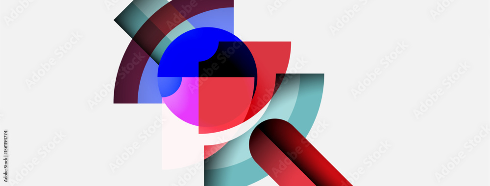 Poster Abstract composition. Overlapping circles, curves create dynamic visual effect. Red, blue, teal dominate white background. Modern design.
