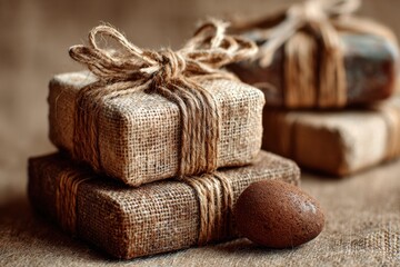Natural Soap Bars Wrapped in Burlap for Gift Presentation