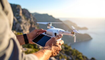 Man capturing landscape with foldable smart drone