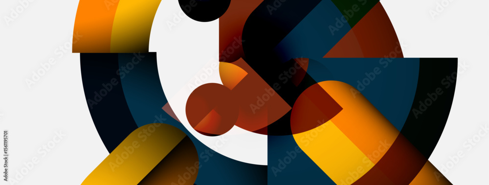 Poster abstract composition. geometric shapes overlap, creating dynamic visual effect. colors include orang