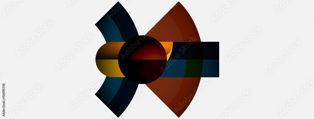 Poster Abstract geometric composition. Circles, arcs, rectangles intersect. Warm, cool colors create dynamic visual effect. Minimalist design.