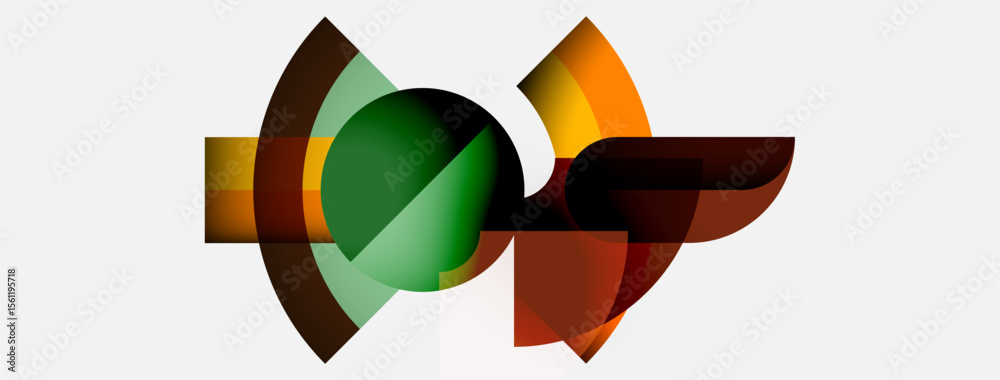 Poster abstract design features overlapping curved shapes. colors include green, orange, brown, yellow. min