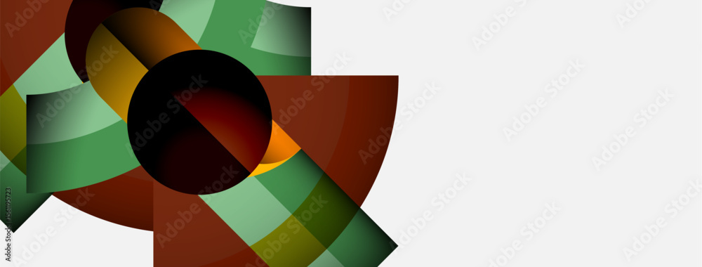 Poster abstract geometric shapes overlap, creating dynamic composition. colors include greens, browns, gold