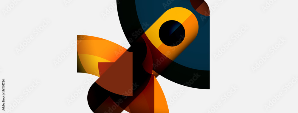 Poster abstract shapes blend, creating dynamic composition. warm colors dominate, contrasted by cool tones.