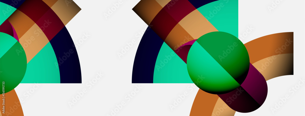 Poster Abstract composition features colorful arcs, circles, overlapping shapes. Modern design, vibrant hues create dynamic visual impact.