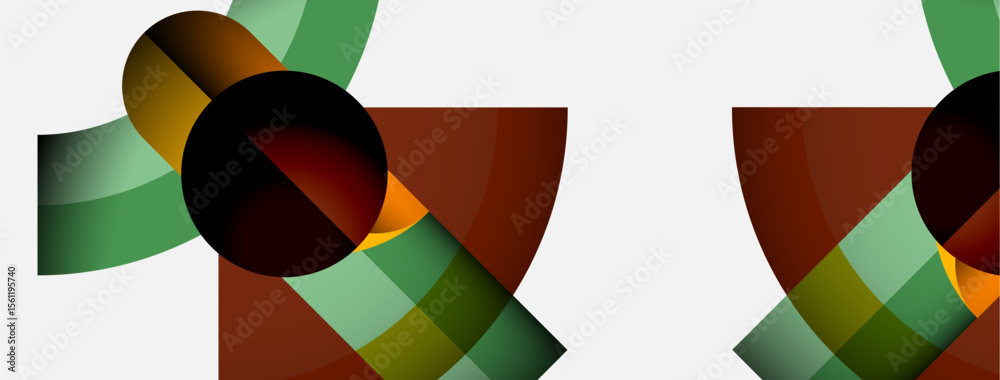 Poster Abstract geometric composition. Overlapping circles, arcs, gradients create dynamic visual pattern. Minimalist design, neutral background.