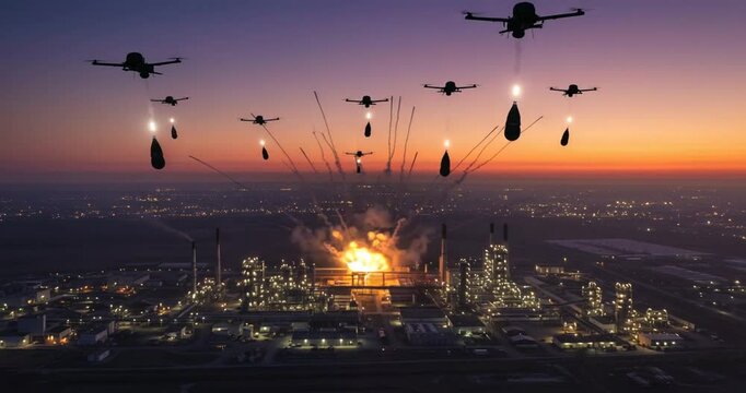 Aerial view of drones dropping explosives at sunset