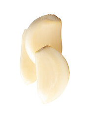 Top view of peeled garlic cloves in stack isolated on white background with clipping path