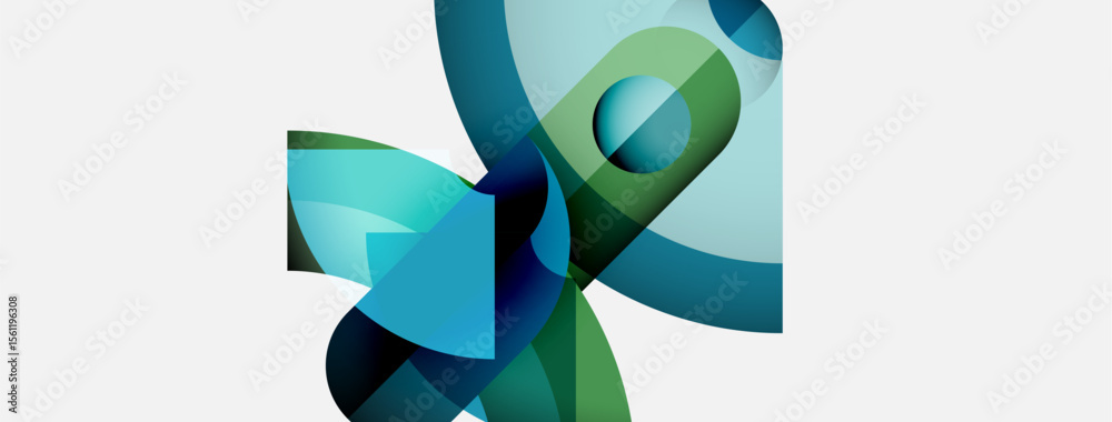 Poster abstract shapes overlap, creating dynamic composition. blues, greens dominate neutral background. mo