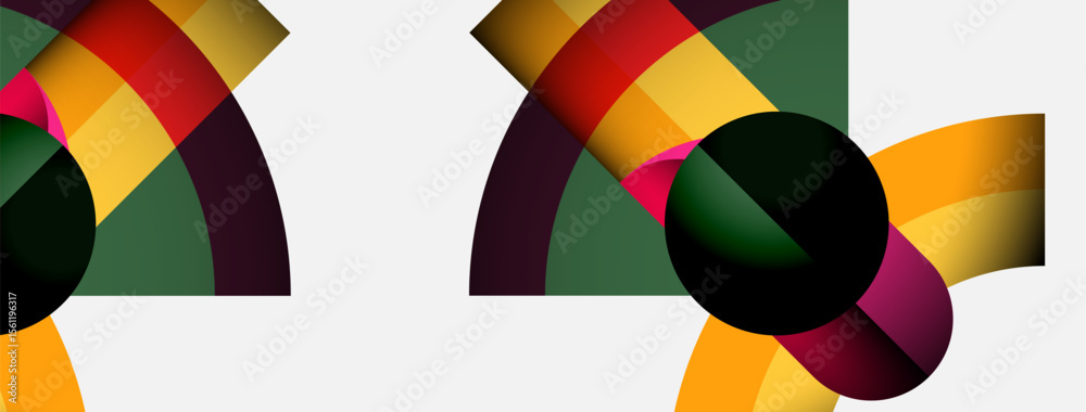Poster Abstract composition features overlapping colorful arcs, circles. Shapes create dynamic visual rhythm, modern aesthetic.