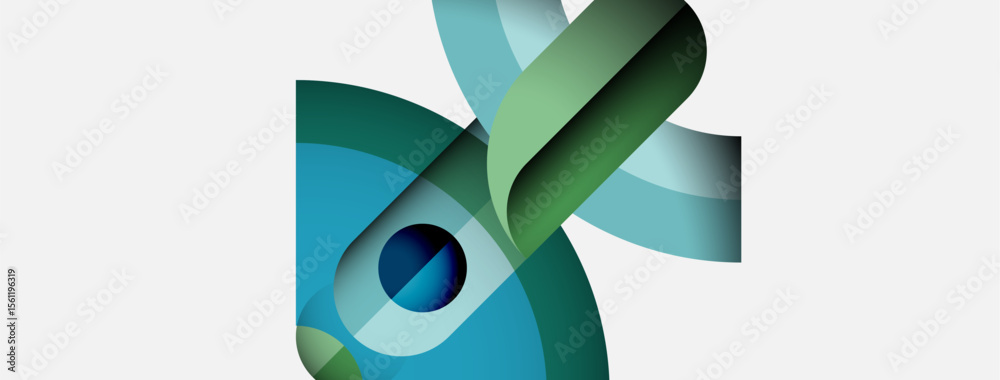 Poster abstract design features flowing ribbons, blue, green hues. minimalist composition creates dynamic v