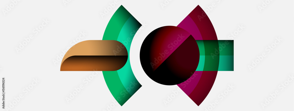 Poster abstract graphic design features overlapping shapes, vibrant colors. composition evokes modern art, 