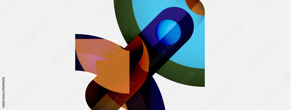 Poster Abstract shapes overlap, creating vibrant composition. Colors blend, forming dynamic visual experience. Modern design, fluid forms.