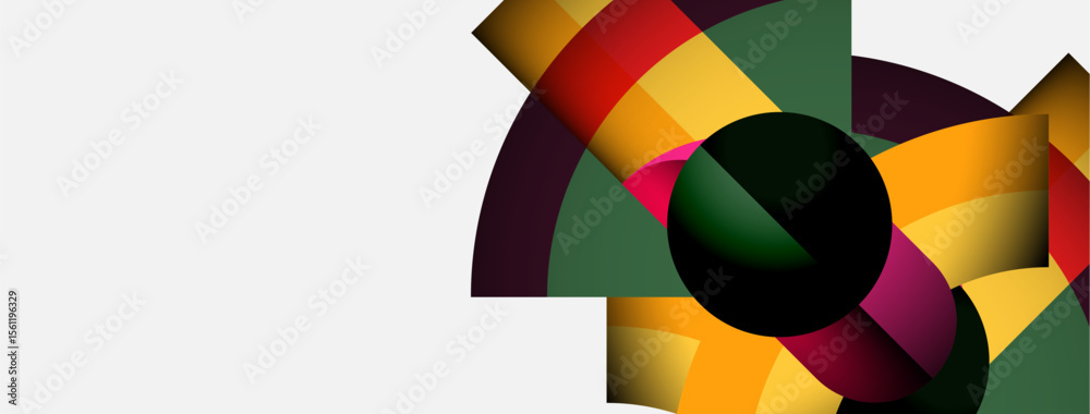 Poster Abstract colorful design features overlapping curved shapes, dark sphere, white background. Modern graphic element.