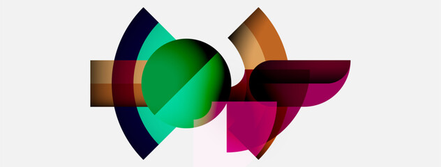 Abstract colorful shapes overlap, creating dynamic composition. Vivid hues blend, forming modern design element. Minimalist aesthetic.