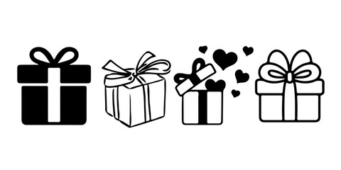 Set of Gift Box Icons and Illustrations in Black and White Style