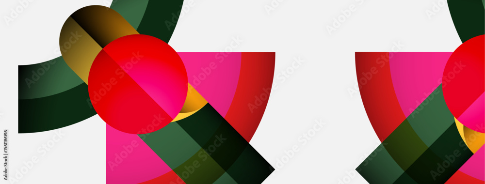 Poster abstract composition featuring overlapping circles, pink rectangles, dark green shapes. minimalist d