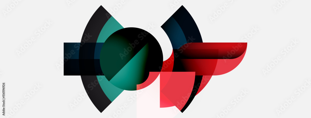 Poster Abstract shapes overlap, creating dynamic composition. Teal, red, black hues dominate white background. Modern design element.