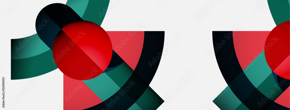 Poster Abstract geometric composition. Overlapping shapes create dynamic visual interest. Red, teal, black colors dominate white background. Modern design.