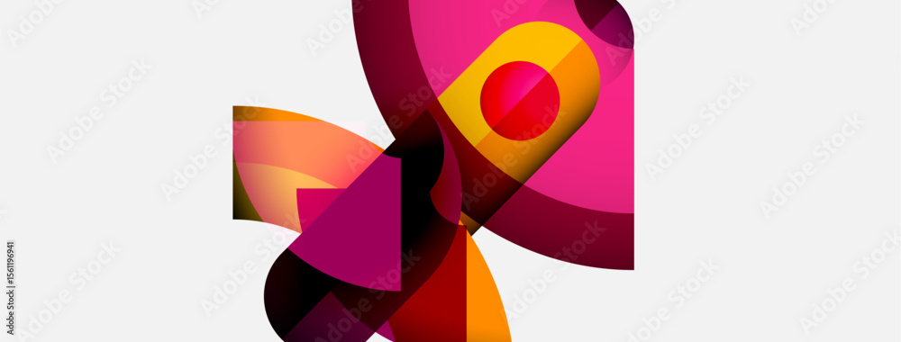 Poster Abstract composition featuring vibrant pinks, oranges, reds. Shapes overlap creating dynamic visual interest. Smooth gradients dominate design.