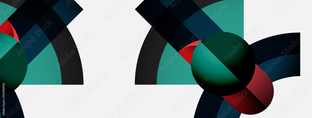 Poster Abstract composition features curved shapes, vibrant colors. Spheres intersect creating dynamic visual effect. Minimalist design, clean background.