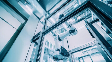 Obraz premium A sleek industrial robotic arm in a modern factory with green energy accents and partial assembly line.