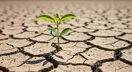 Young sapling growing out of cracked dry soil, global warming visual metaphor