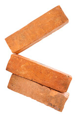 Side view of three cracked old red or orange bricks in stack isolated on white background with clipping path