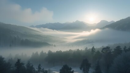 Fototapeta premium Misty mountain valley at sunrise.