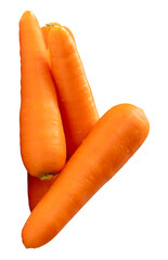 Side view of four fresh orange carrot roots in stack isolated with clipping path in png file format