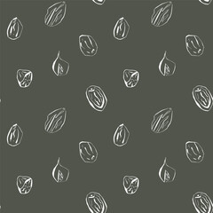 Hand drawn nutmeg spice seamless pattern in white lines on dark background for gourmet packaging and organic product design